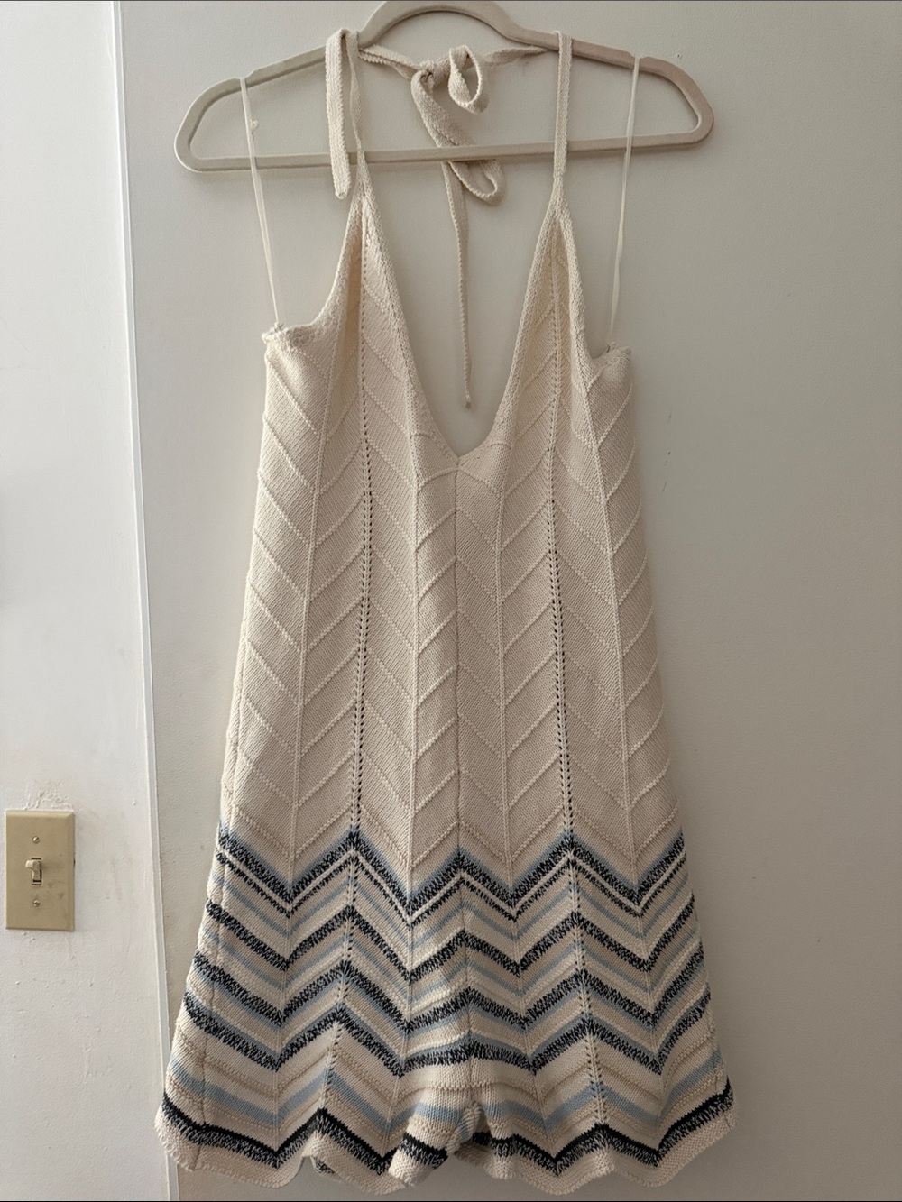 Cream Knit Halter Chevron romper with Blue Accent